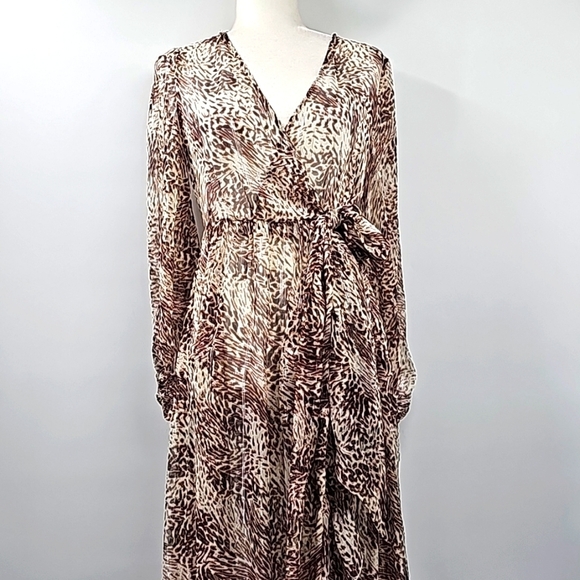 Express Long Animal Print Wrap Ruffled Wide Sleeve Duster w Gold Thread Accents - Picture 1 of 14